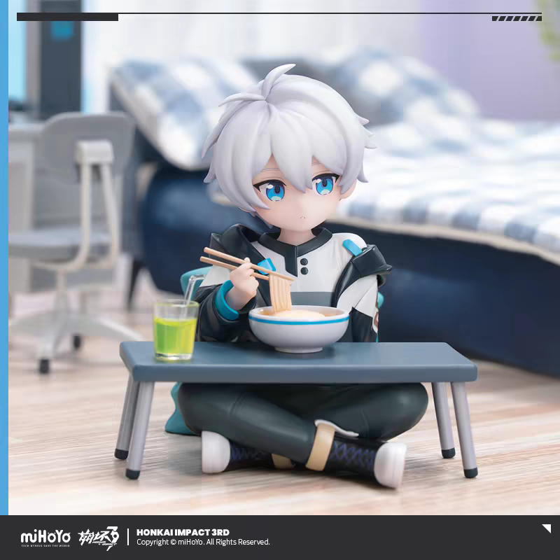 Honkai Impact 3rd Kevin Kaslana chibi figure - three-quarter front view with ramen bowl and drink