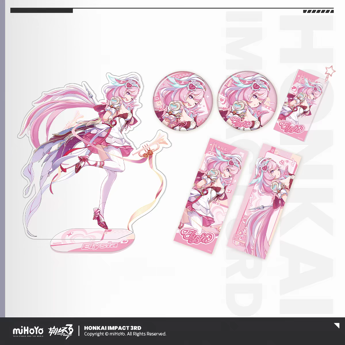 Honkai Impact 3rd Elysia Hi-Love Wish Fairy merch set - full collection overview acrylic stand badges keychain cards