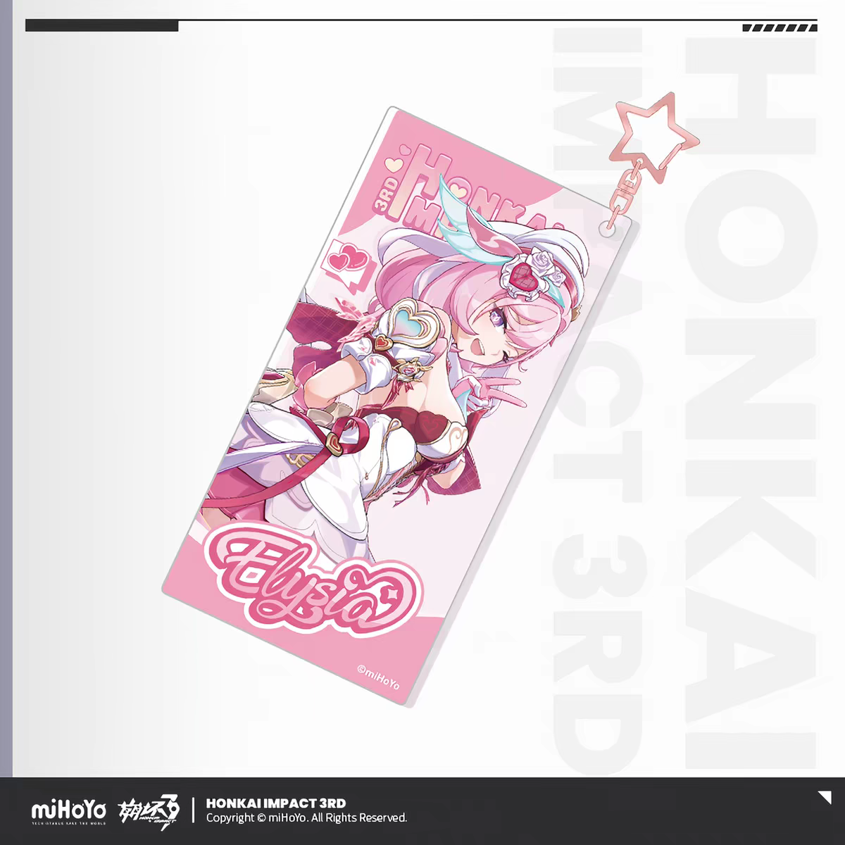 Honkai Impact 3rd Elysia Hi-Love Wish Fairy - rectangular acrylic card keychain with star-shaped rose gold ring
