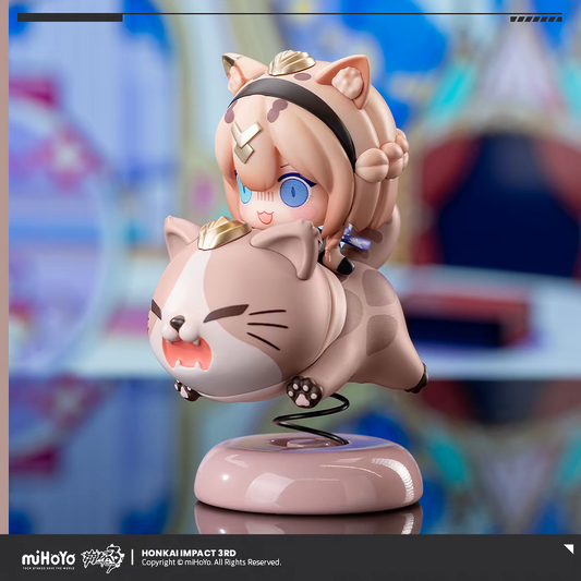 Honkai Impact 3rd Pardofelis spring bobblehead - three-quarter front view riding tabby cat on spring base amusement park background