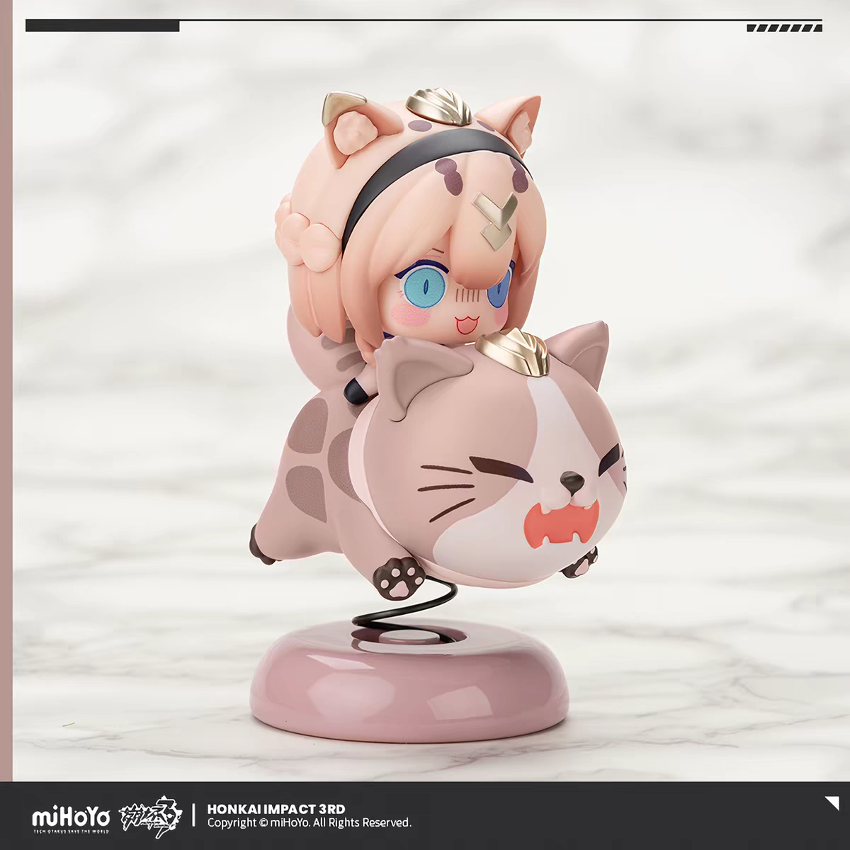 Honkai Impact 3rd Pardofelis spring bobblehead - three-quarter side view full figure on pink oval base white marble background