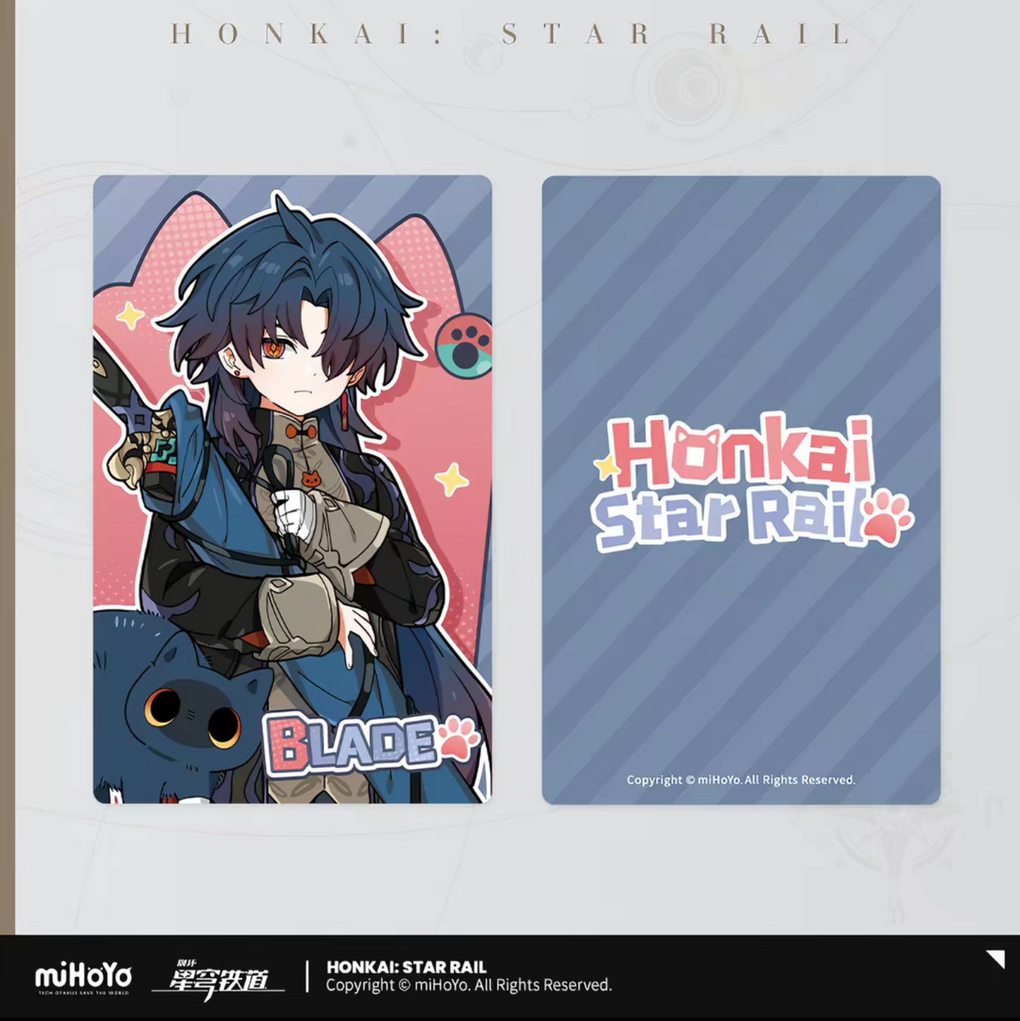 Honkai Star Rail chibi cat laser ticket - Blade blue-grey theme with dark beast companion front and back