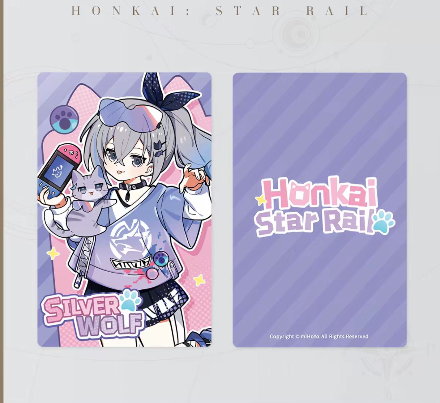 Honkai Star Rail chibi cat laser ticket - Silver Wolf purple-pink theme with grey cat and gaming device front and back