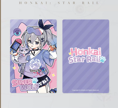 Honkai Star Rail chibi cat laser ticket - Silver Wolf purple-pink theme with grey cat and gaming device front and back