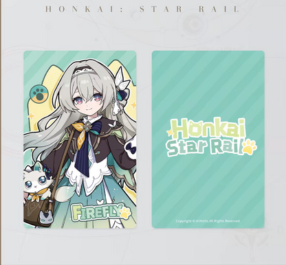 Honkai Star Rail chibi cat laser ticket - Firefly mint green theme with panda-cat companion front and back