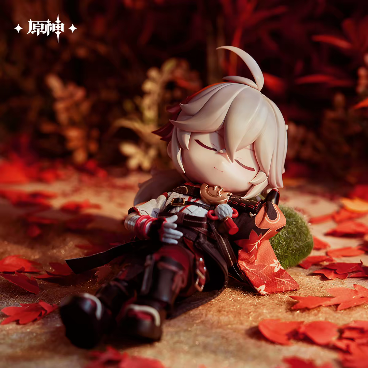 Genshin Impact Kazuha Articulated Doll Seated Resting Pose Autumn Leaves Background miHoYo