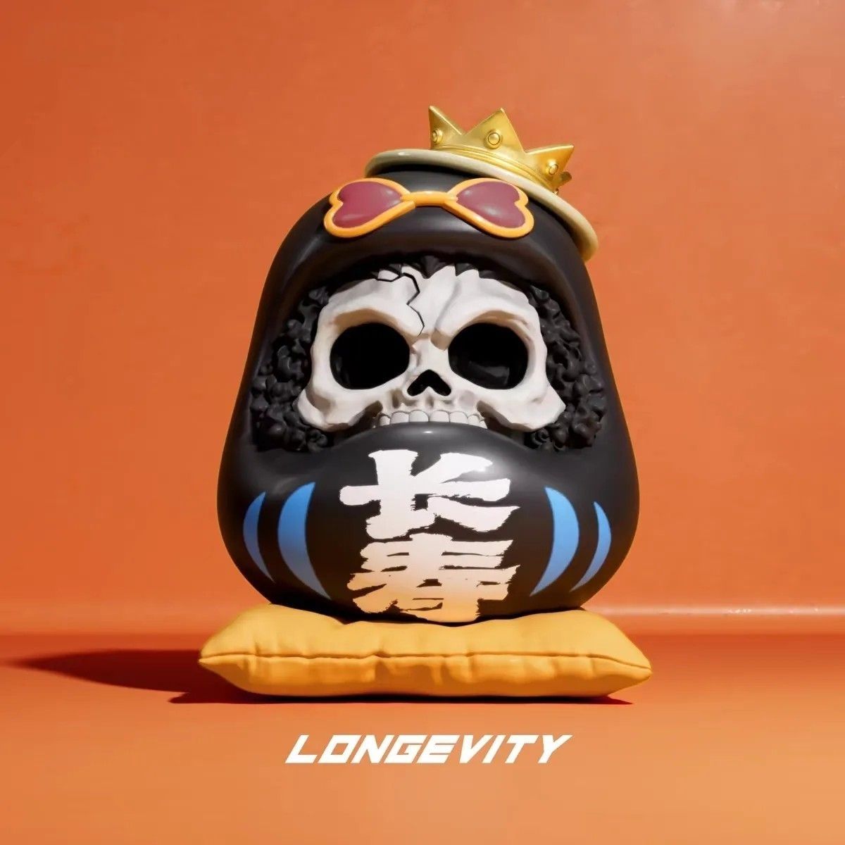 One Piece Brook Daruma Doll Figure - LONGEVITY 长寿 with Crown and Orange Cushion