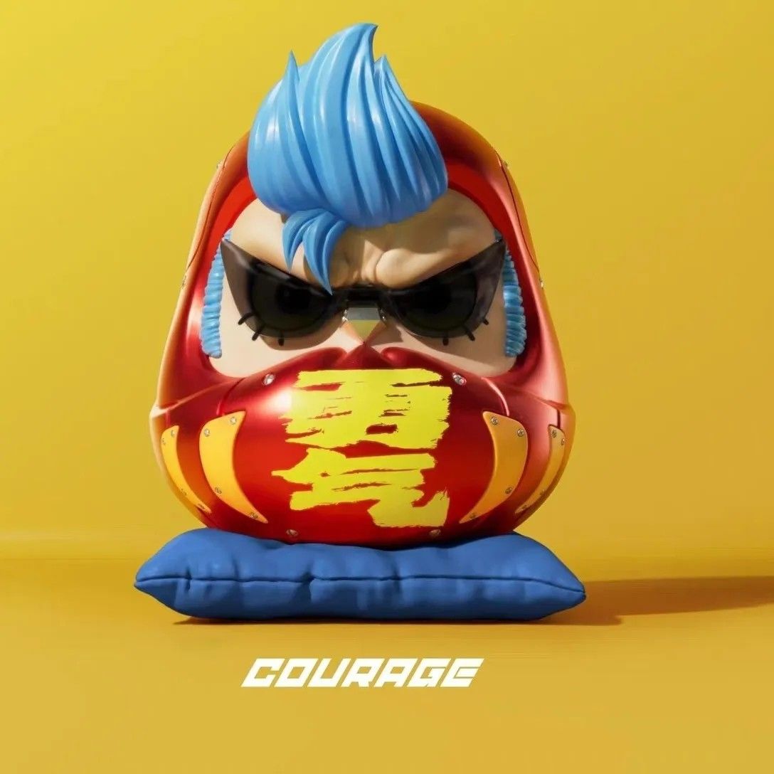 One Piece Franky Daruma Doll Figure - COURAGE 勇气 with Sunglasses and Blue Cushion