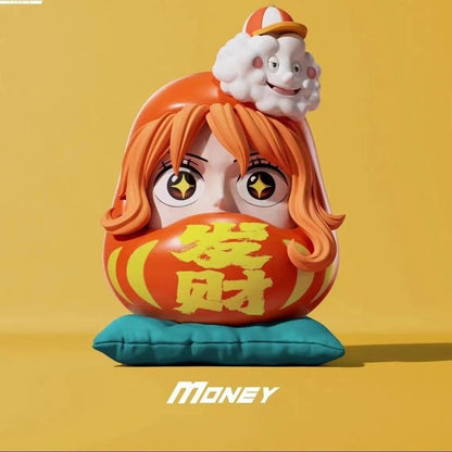 One Piece Nami Daruma Doll Figure - MONEY 发财 with Cloud and Teal Cushion