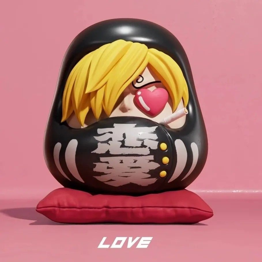 One Piece Sanji Daruma Doll Figure - LOVE 恋爱 with Heart and Red Cushion