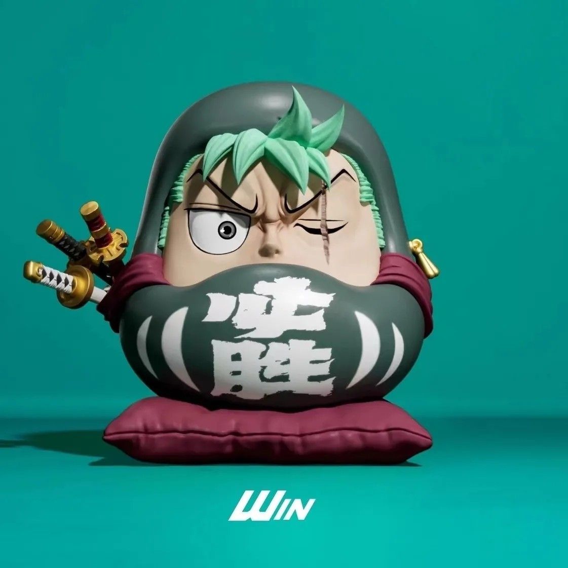 One Piece Zoro Daruma Doll Figure - WIN 必胜 with Three Swords and Red Cushion