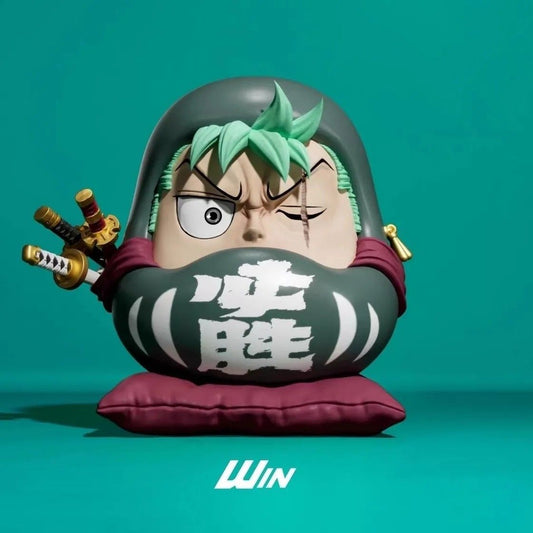 One Piece Zoro Daruma Doll Figure - WIN 必胜 with Three Swords and Red Cushion