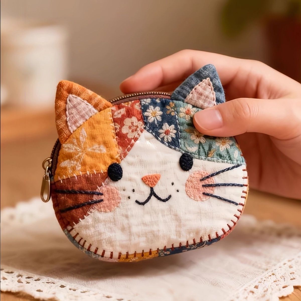 Cute Cat Colorblock Coin Purse Aesthetic Pouch for Women