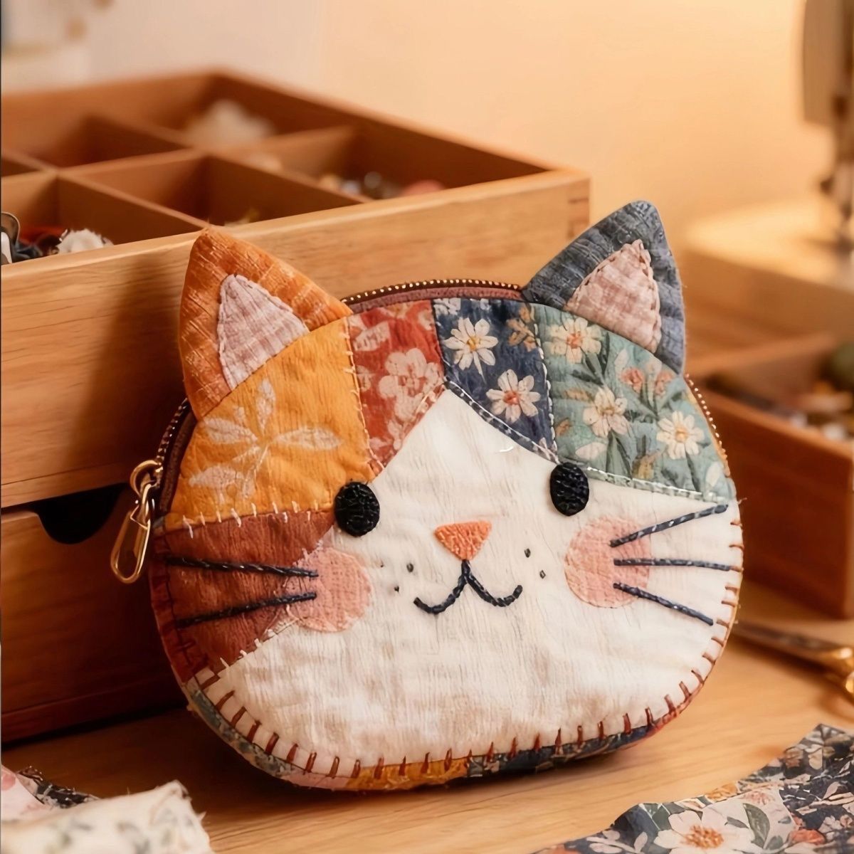 Cute Cat Colorblock Coin Purse Aesthetic Pouch for Women