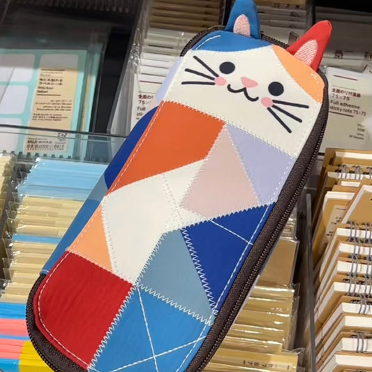 Japanese Color Block Patchwork Cat Pencil Case Cute