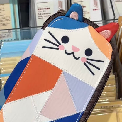 Japanese Color Block Patchwork Cat Pencil Case Cute