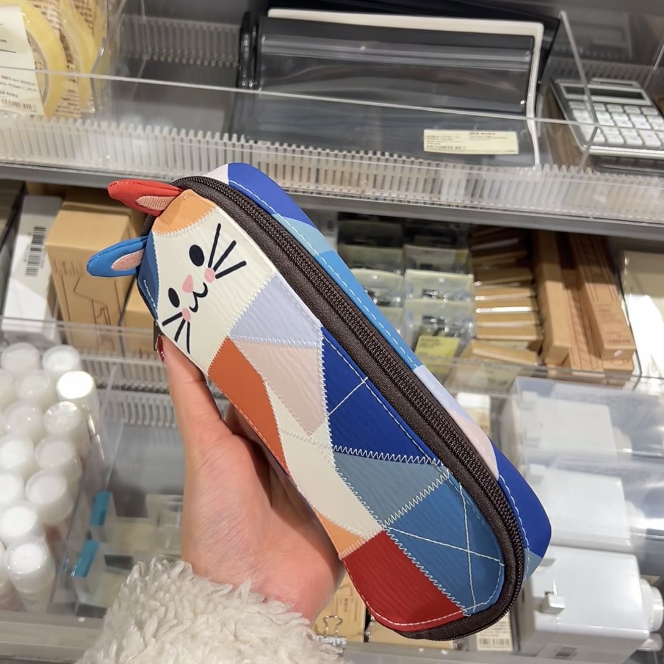 Japanese Color Block Patchwork Cat Pencil Case Cute