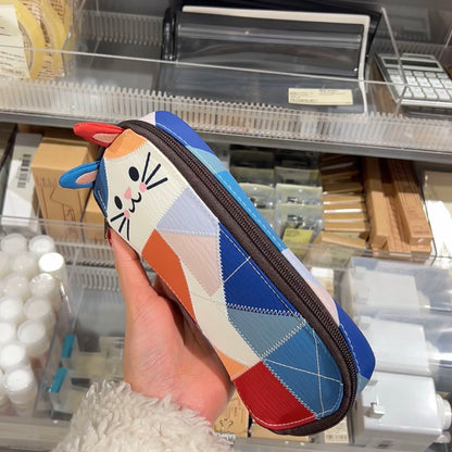 Japanese Color Block Patchwork Cat Pencil Case Cute