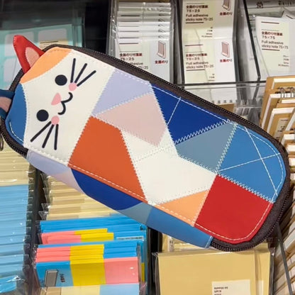 Japanese Color Block Patchwork Cat Pencil Case Cute