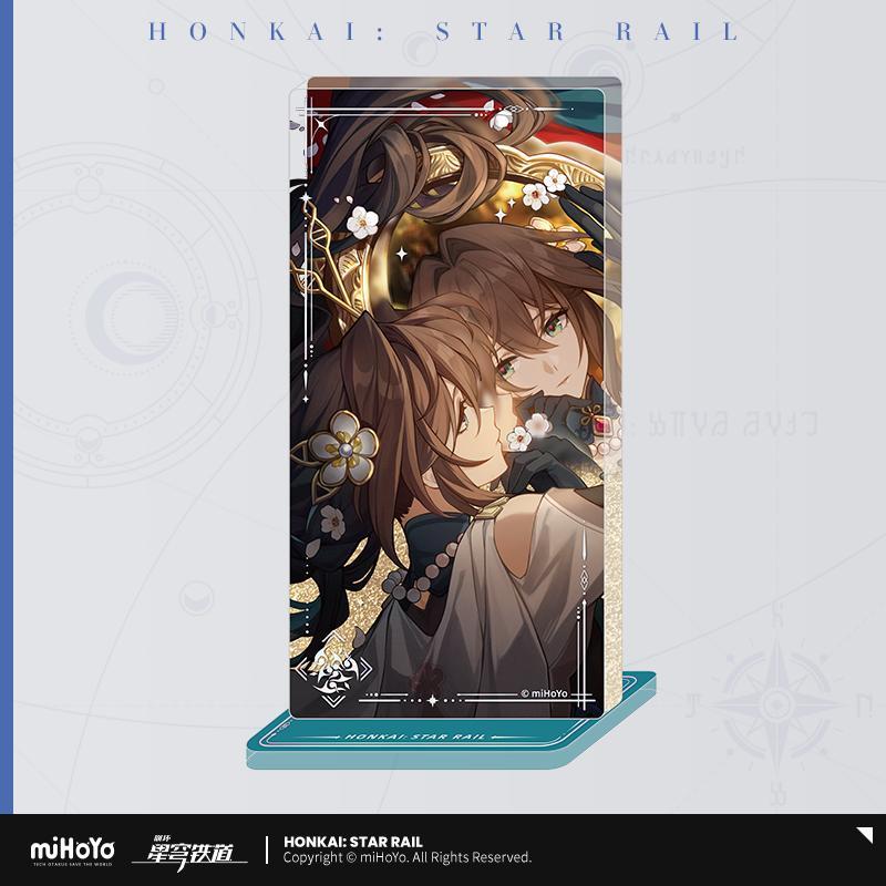 Honkai Star Rail themed acrylic display card with character artwork, floral accents, and a blue base
