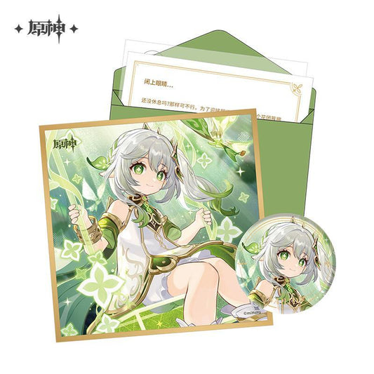 Official Genshin Impact Fated Day Series Vol. 9 Nahida gift set with card, badge, and envelope