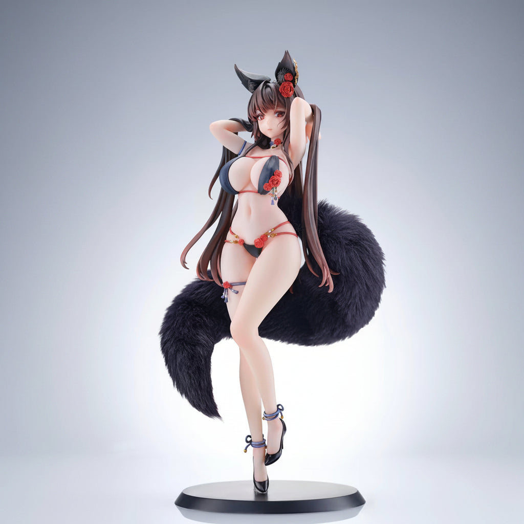 BearPanda x TACCO Bara Fox Girl 1/6 Scale Anime Figure – Real Plush Fox Tail Black Cat Ear Red Rose Collectible Statue