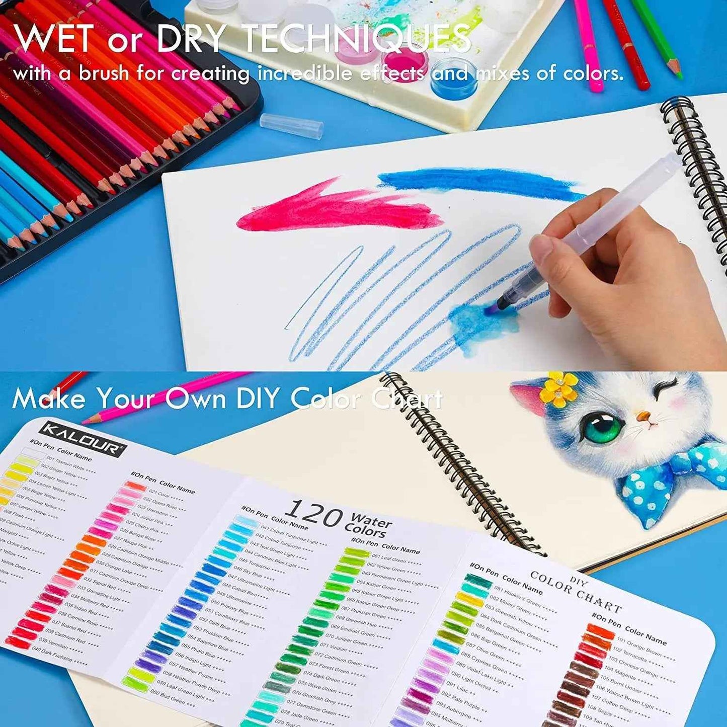 KALOUR 120 Premium Wet Dry Watercolor Pencils Set with 2 Brush - TTpen