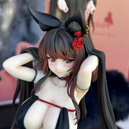 BearPanda x TACCO Bara Fox Girl 1/6 Scale Anime Figure – Real Plush Fox Tail Black Cat Ear Red Rose Collectible Statue