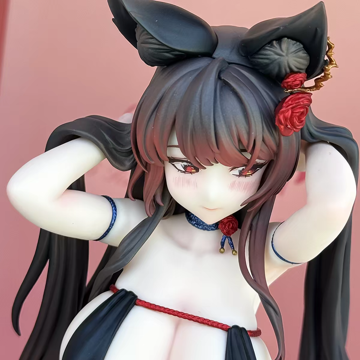 BearPanda x TACCO Bara Fox Girl 1/6 Scale Anime Figure – Real Plush Fox Tail Black Cat Ear Red Rose Collectible Statue