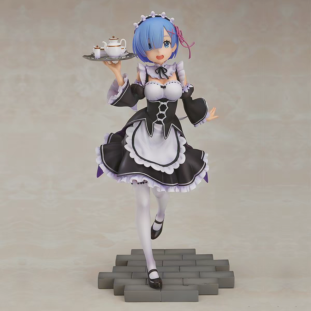 Re:Zero Rem Maid Outfit Tea Tray Ver. Anime Figure – Blue Hair White Stockings Walking Pose Collectible Statue Desk Display