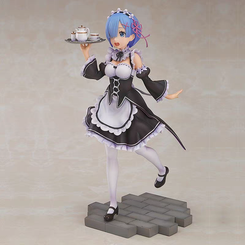 Re:Zero Rem Maid Outfit Tea Tray Ver. Anime Figure – Blue Hair White Stockings Walking Pose Collectible Statue Desk Display