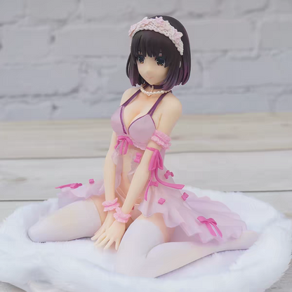 Saekano Megumi Kato Lingerie Negligee Ver. Anime Figure – Pink Lace Dress Floral Headband Sitting Pose Collectible Statue