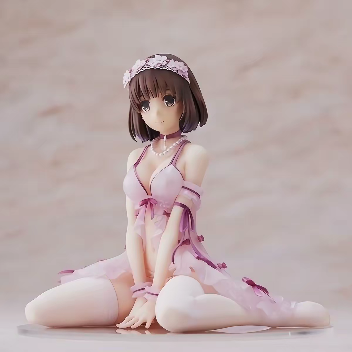 Saekano Megumi Kato Lingerie Negligee Ver. Anime Figure – Pink Lace Dress Floral Headband Sitting Pose Collectible Statue