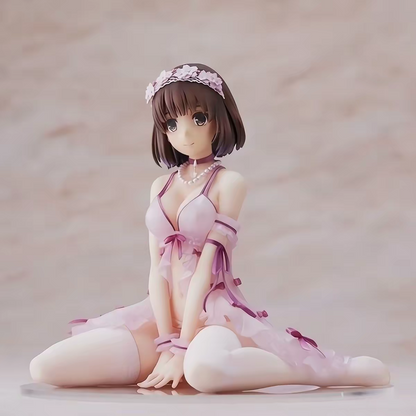 Saekano Megumi Kato Lingerie Negligee Ver. Anime Figure – Pink Lace Dress Floral Headband Sitting Pose Collectible Statue