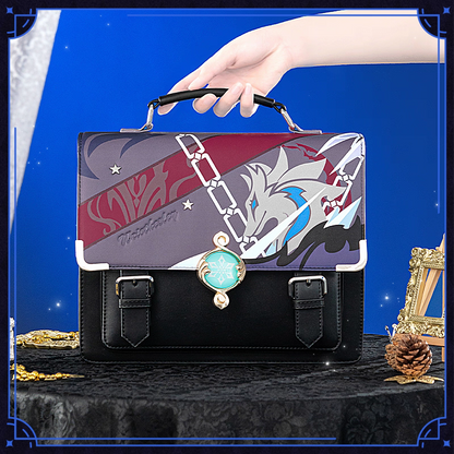Genshin Impact Wriothesley Theme Academic Satchel Bag – Double-Sided Wolf Chain Print Gold Snowflake Clasp Ita Window Anime Merch