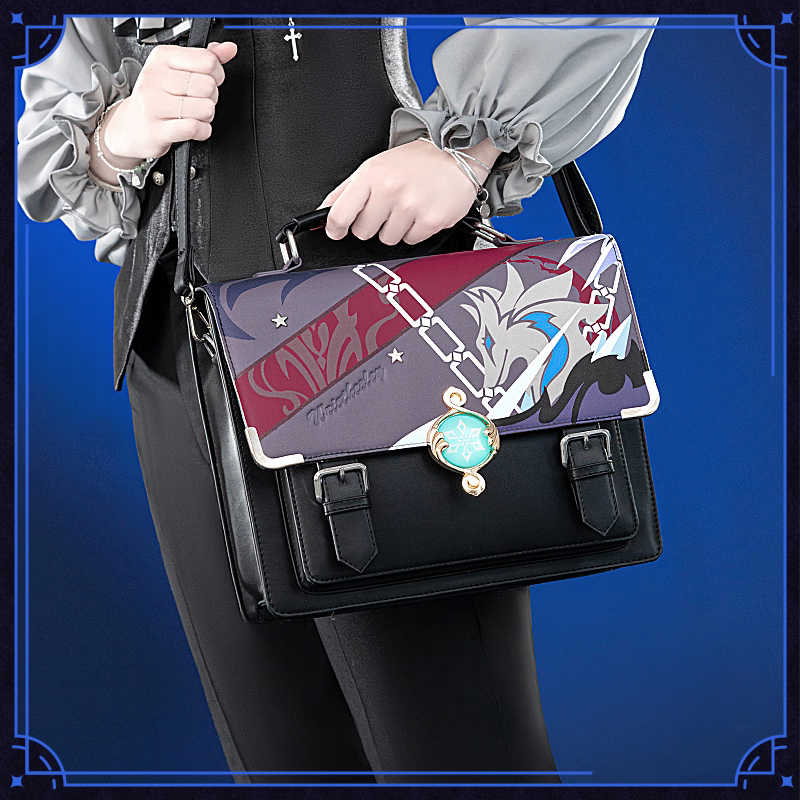 Genshin Impact Wriothesley Theme Academic Satchel Bag – Double-Sided Wolf Chain Print Gold Snowflake Clasp Ita Window Anime Merch