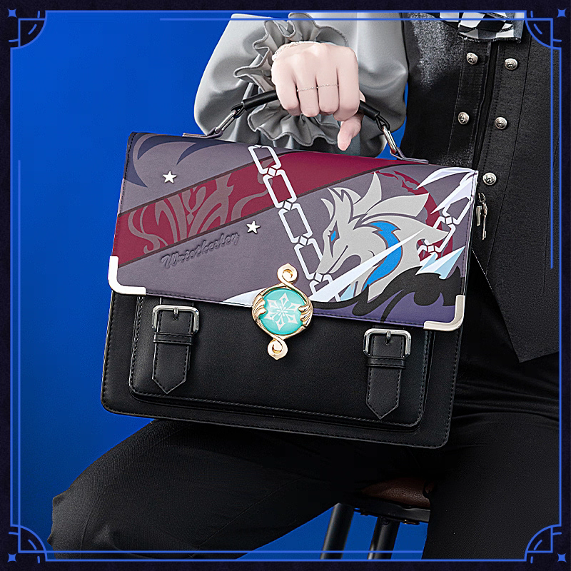 Genshin Impact Wriothesley Theme Academic Satchel Bag – Double-Sided Wolf Chain Print Gold Snowflake Clasp Ita Window Anime Merch