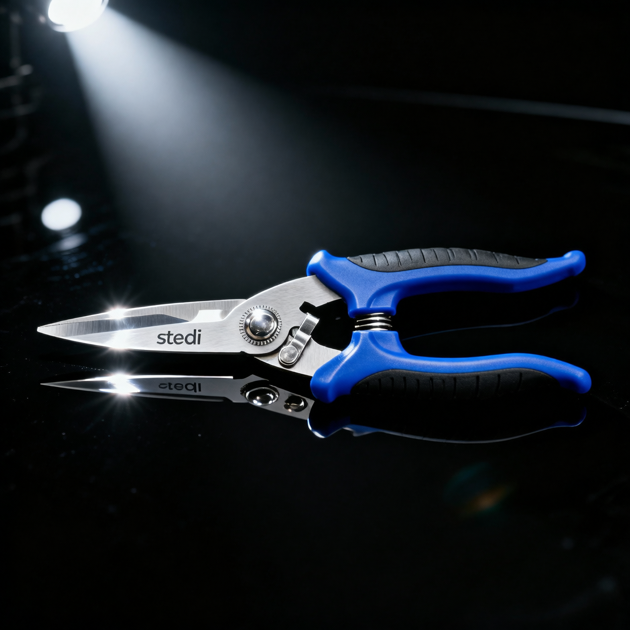 Flat lay of Stedi JD-16 scissors with cutting materials on wooden surface